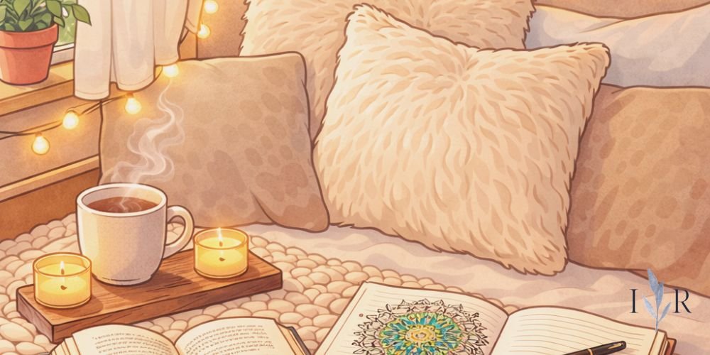 Reset corner illustration with calm bed, tea, books and soft lighting for mental reset