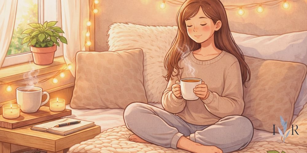 Reset corner illustration showing calm reset nook with tea, soft lighting and peaceful bedroom space