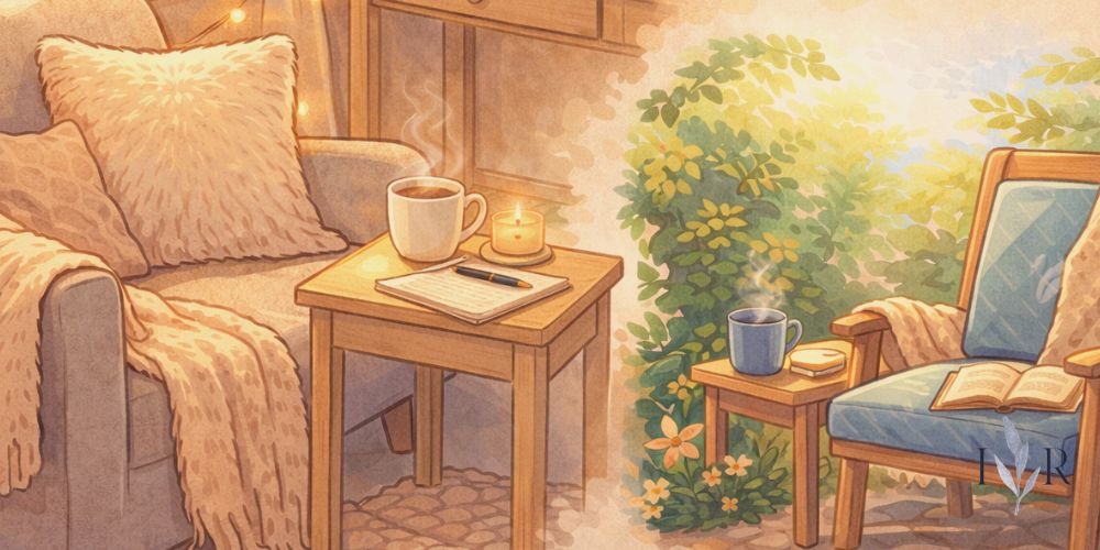 Reset corner illustration showing small indoor reset nook and peaceful reset space outside