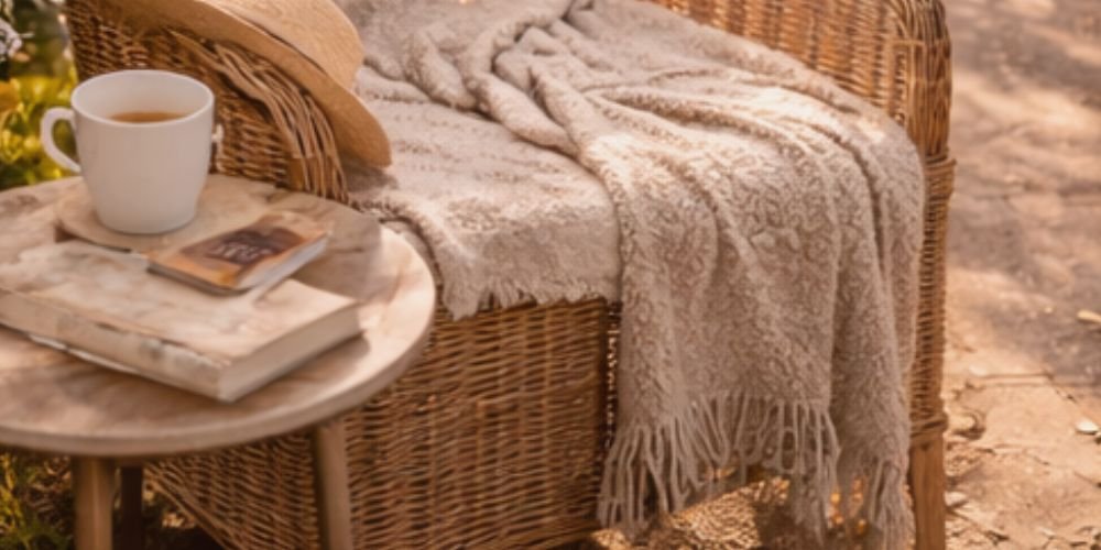 Reset Space Outside garden chair with blanket, coffee and book in warm sunlight