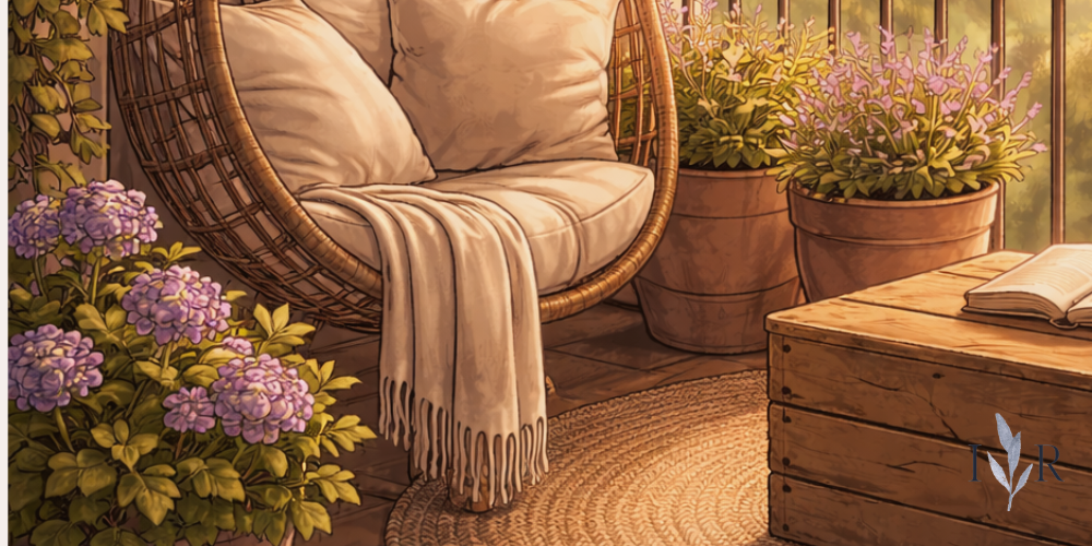 Balcony reset nook with hanging chair, plants and book in a small outdoor space