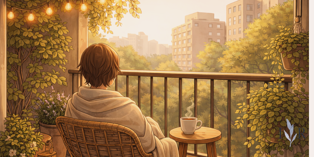 Person sitting in a balcony reset nook with plants and soft light to reduce stress