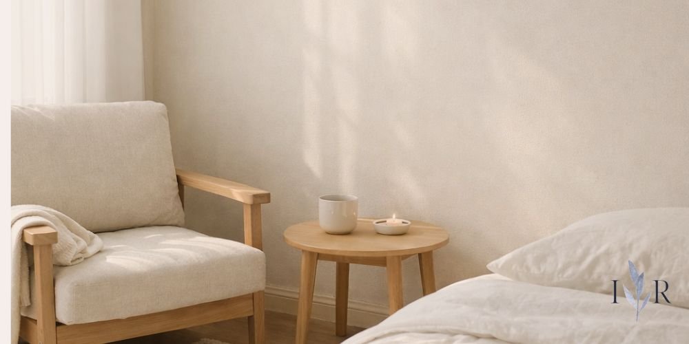 reset corner in your bedroom - Soft natural light in a calm bedroom reset corner with a chair, small wooden table, candle and white bedding creating a peaceful space to rest and think.