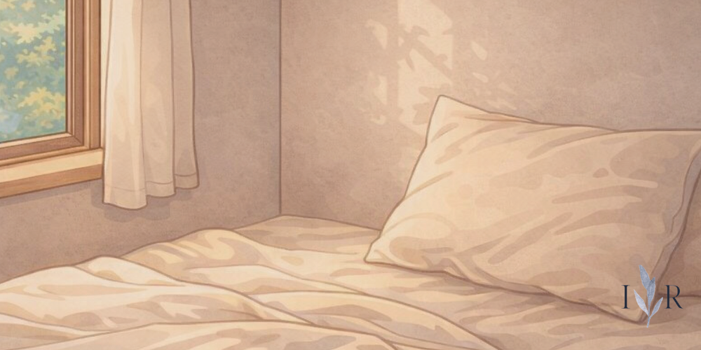 Bedroom reset corner with coffee on the bed and natural light, reflecting creating a reset corner without buying anything.