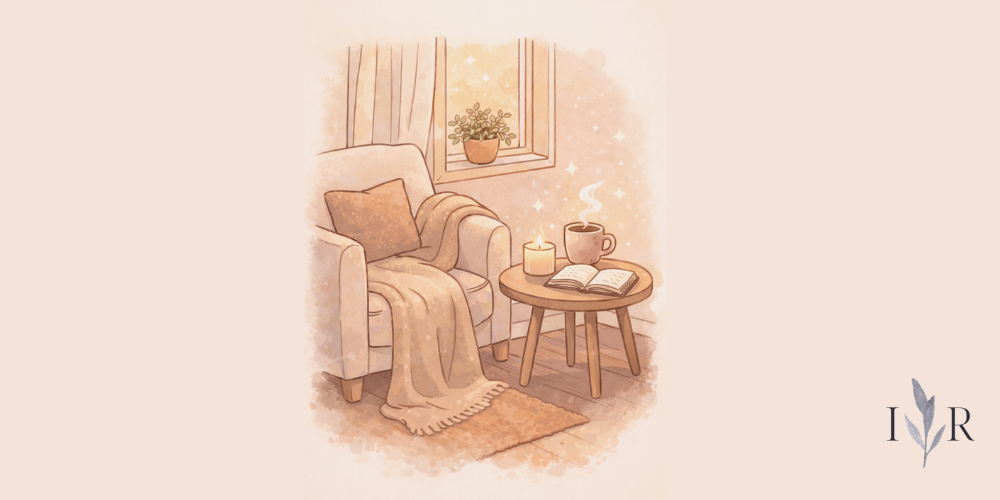 Reset corner with cozy chair, blanket, coffee, candle and book beside a window creating a calm space to relax