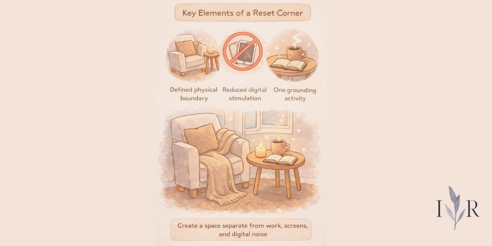 Reset corner illustration showing a cosy chair, small table with coffee and book, representing the core elements of a reset corner space.