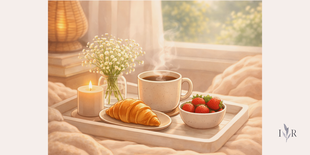 Cozy illustrated breakfast tray with tea, croissant and strawberries in soft morning light : Quiet spaces.
