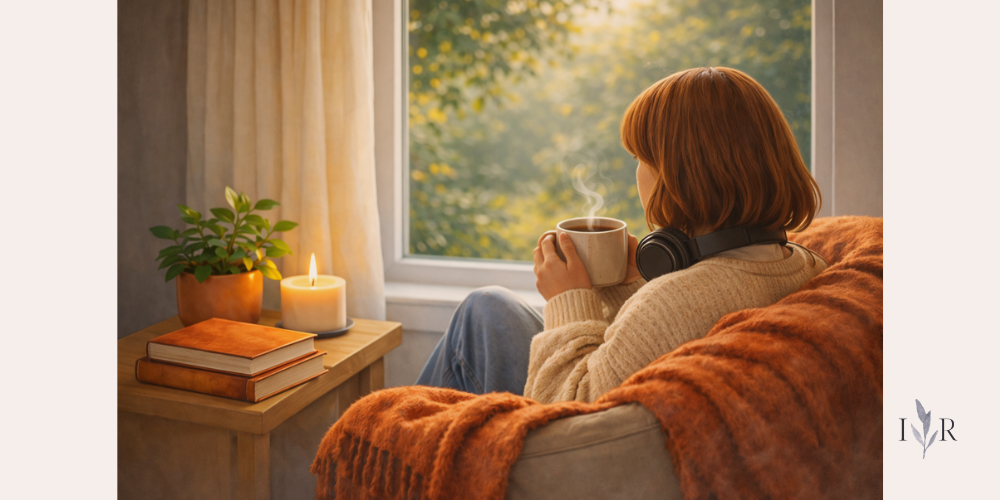 quiet moment sitting by a window with tea in a calm cozy space