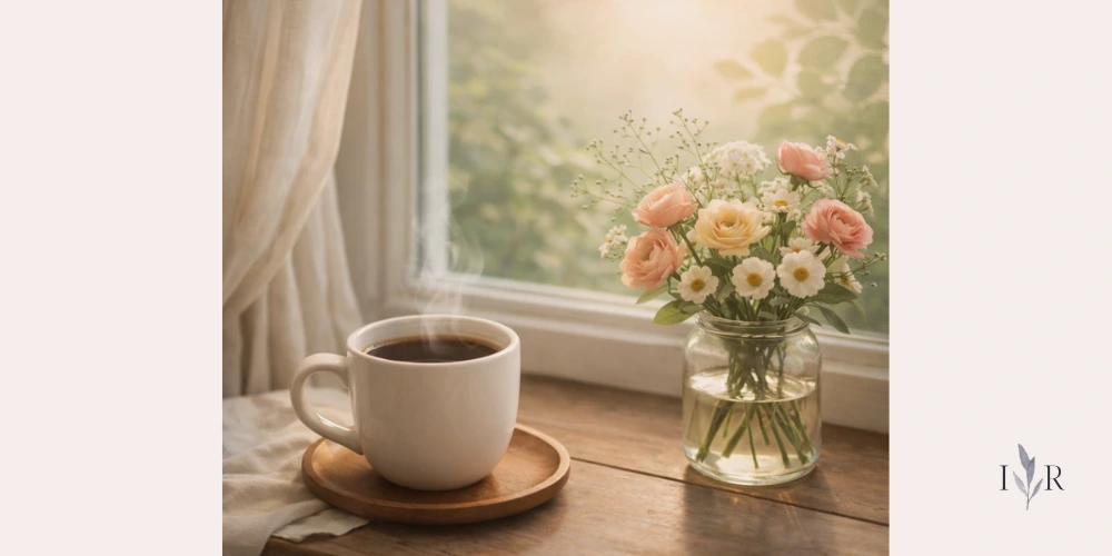 calm meaningful morning routine with coffee and flowers in soft natural light