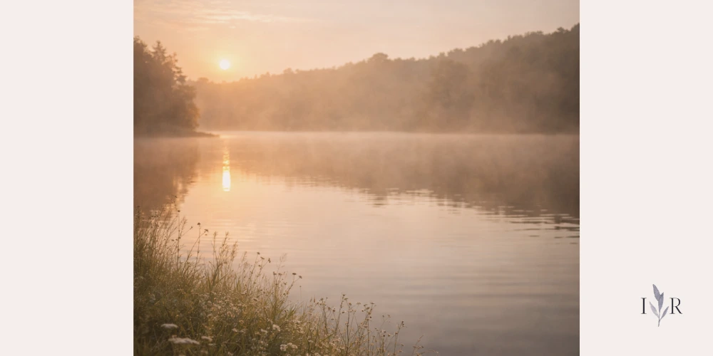 peaceful meaningful morning routine with calm lake and soft sunrise light