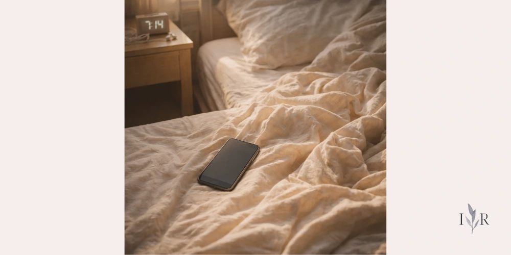 overstimulated morning routine with phone on bed and rushed start to the day