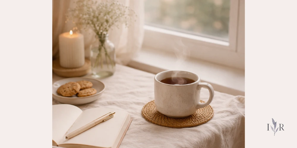mindfulness in daily life with calm tea, journal and soft morning light
