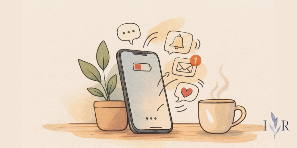 Minimal illustration showing a smartphone with notifications beside a coffee and plant representing digital fatigue from constant screen use