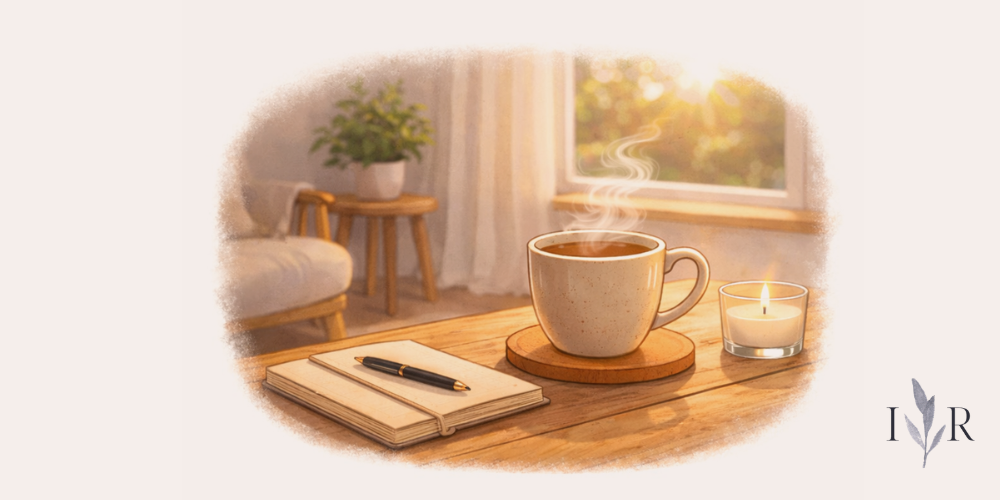 Daily reset routine scene with tea, notebook and candle in warm sunlight creating a calm pause