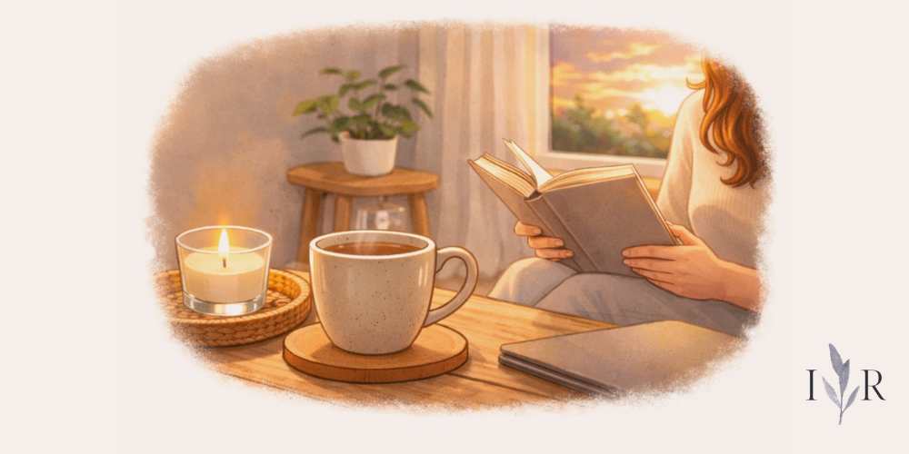 Daily reset routine scene with tea, candle and reading by a window at sunset creating a calm evening pause