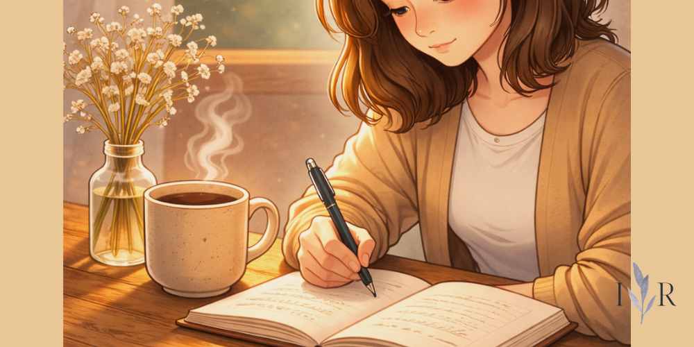 Mindful journaling scene with woman writing in a notebook with coffee and flowers in warm sunlight