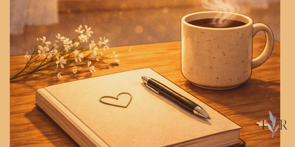 Mindful journaling scene with notebook, pen and coffee in warm sunlight creating a calm reflective writing moment