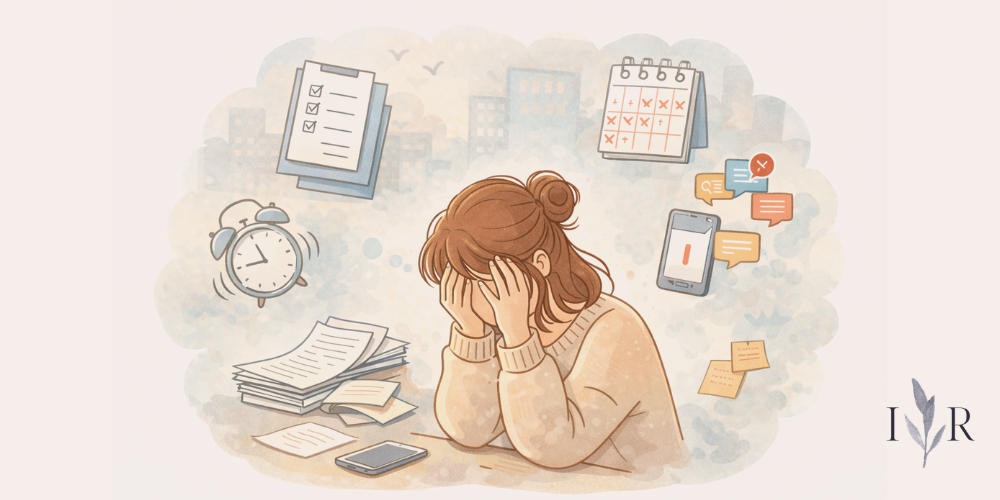 Reset your life when you feel overwhelmed illustration showing mental overload from tasks, notifications and responsibilities