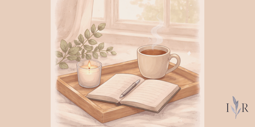 Self care activities for anxiety illustration showing a calm tea and notebook scene in soft sunlight