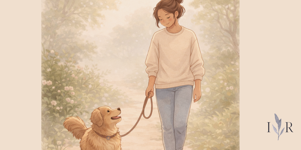Self care activities for anxiety relief illustrated by a calm walk with a dog on a peaceful nature path