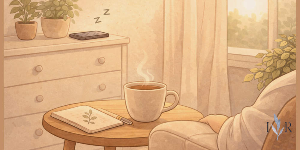 Calm morning routine illustration showing coffee and notebook while a phone sits in another room to reduce digital fatigue