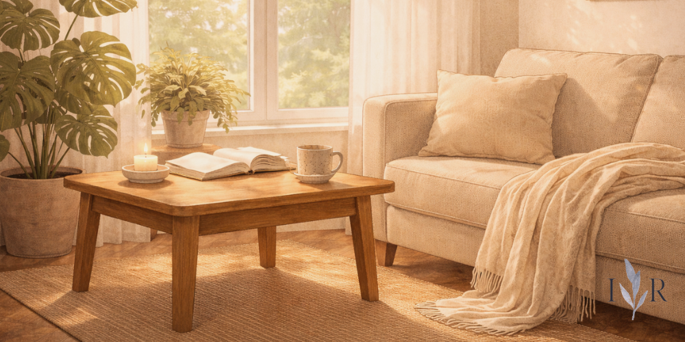 intentional living calm home space with sunlight, book and tea