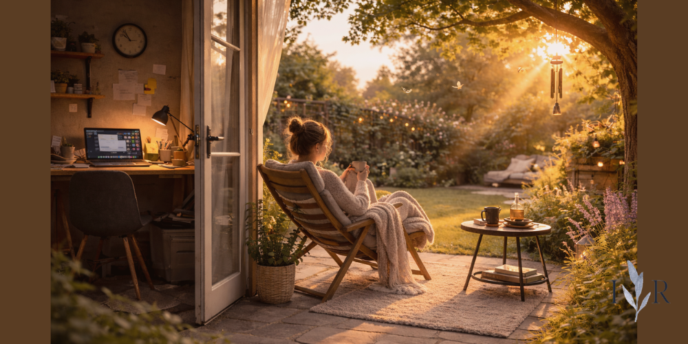 Garden reset nook with a lounger chair, blanket and tea in a peaceful sunlit garden used as a quiet mental recovery space