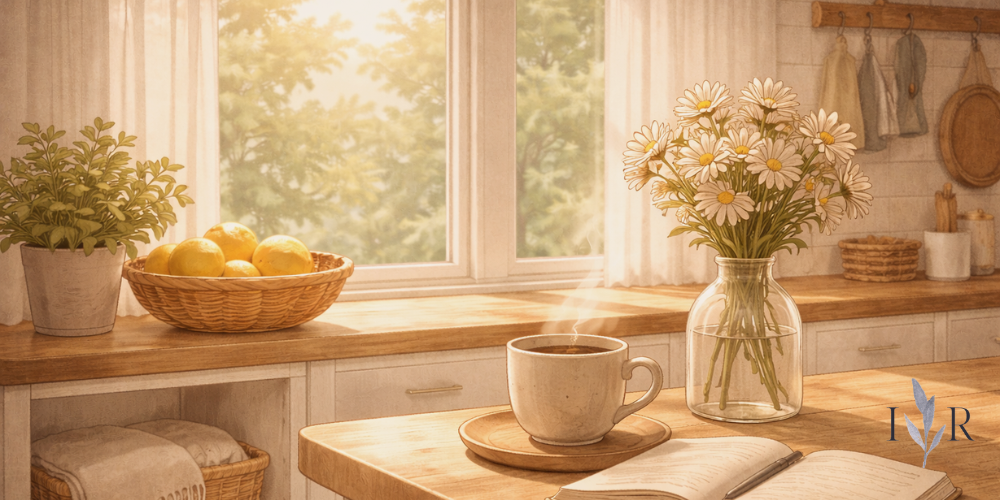 daily reset routine with tea, journal and sunlight in a calm morning space