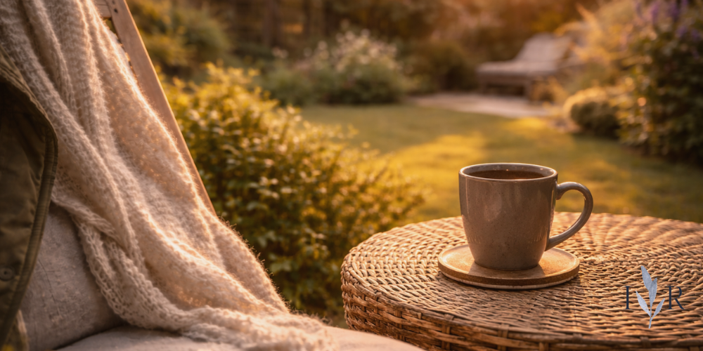 Mug of tea on a small table in a peaceful garden reset nook surrounded by soft sunlight