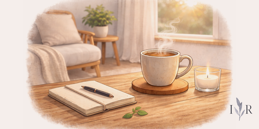 Soft illustration of a mug of tea and notebook in sunlight representing a calm pause to stop overstimulation