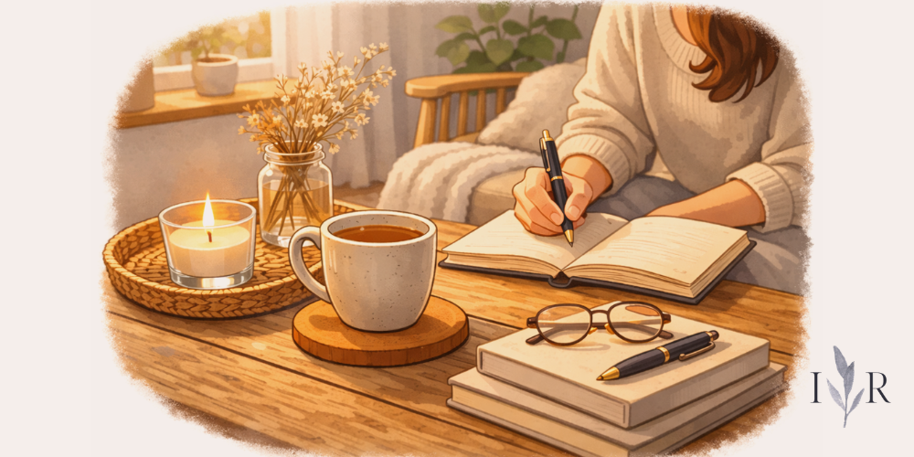 Handwriting in a notebook with tea and books showing a calm moment to stop overstimulation