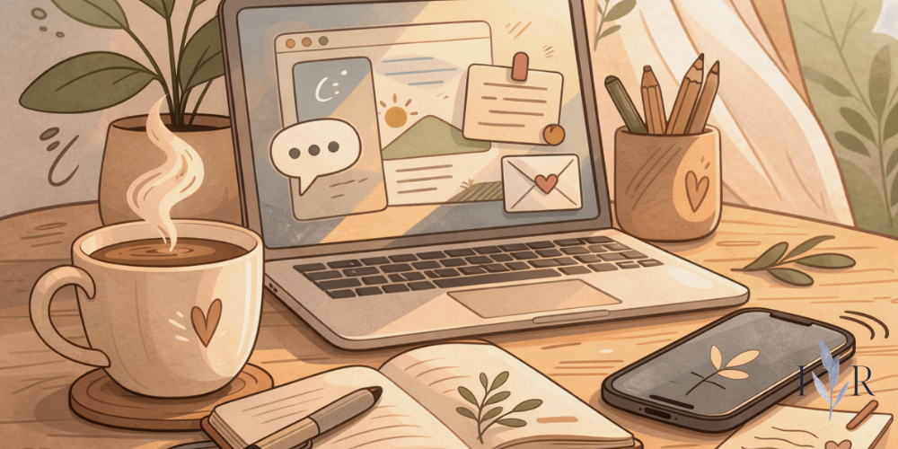 Digital fatigue illustration showing a laptop with many notifications, a phone, coffee and notebook on a calm desk