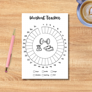 Monthly fitness tracker printable displayed on a desk with a pink pen